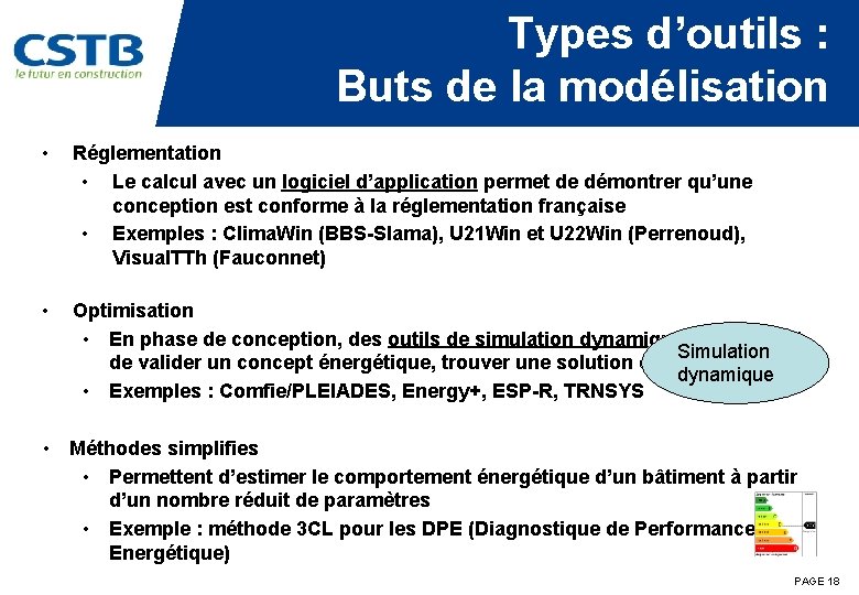 Types d’outils : Buts de la modélisation • Réglementation • Le calcul avec un