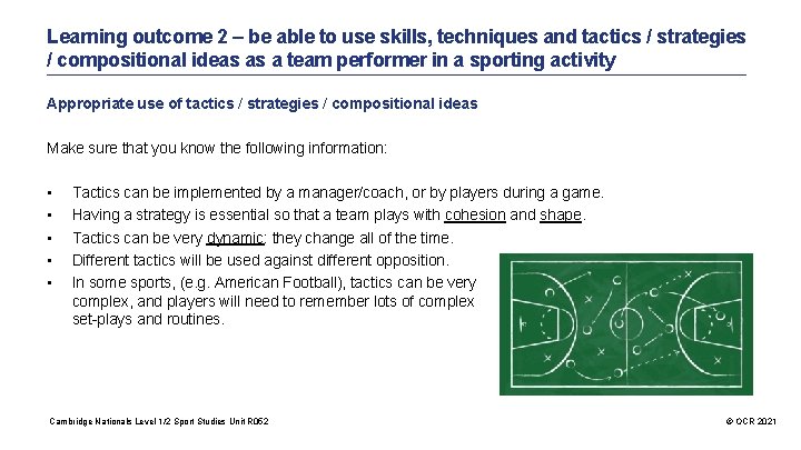 Learning outcome 2 – be able to use skills, techniques and tactics / strategies