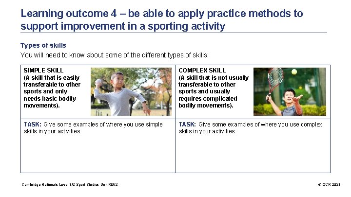 Learning outcome 4 – be able to apply practice methods to support improvement in