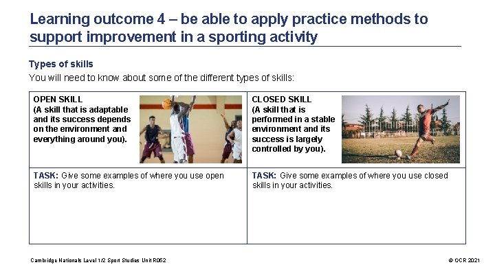 Learning outcome 4 – be able to apply practice methods to support improvement in