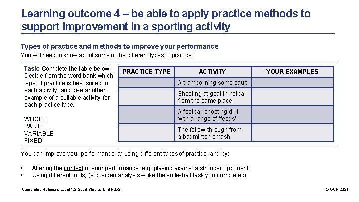 Learning outcome 4 – be able to apply practice methods to support improvement in