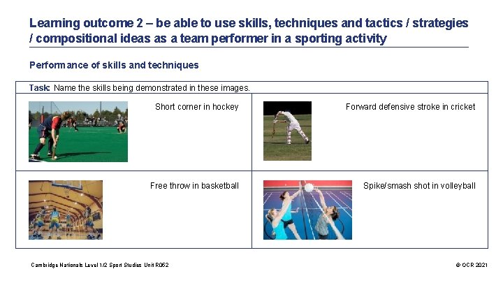 Learning outcome 2 – be able to use skills, techniques and tactics / strategies