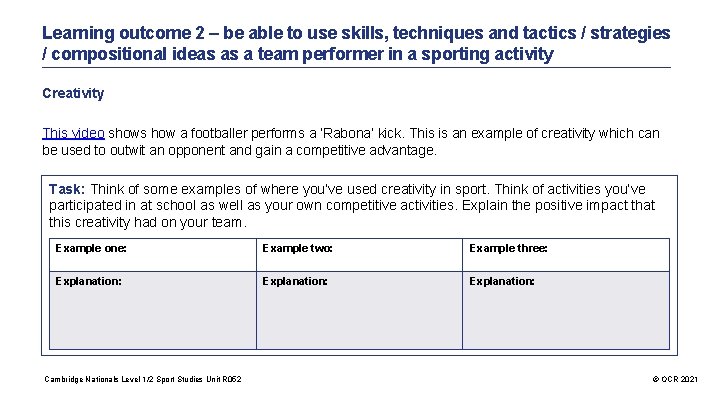 Learning outcome 2 – be able to use skills, techniques and tactics / strategies