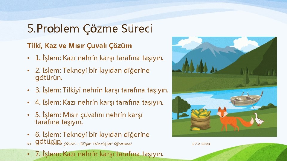 5. Problem Çözme Süreci Tilki, Kaz ve Mısır Çuvalı Çözüm • 1. İşlem: Kazı