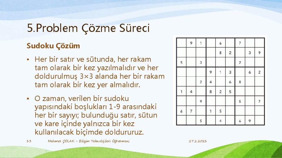 5. Problem Çözme Süreci Sudoku Çözüm • Her bir satır ve sütunda, her rakam