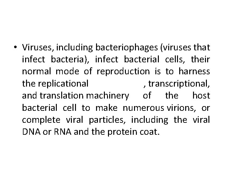  • Viruses, including bacteriophages (viruses that infect bacteria), infect bacterial cells, their normal