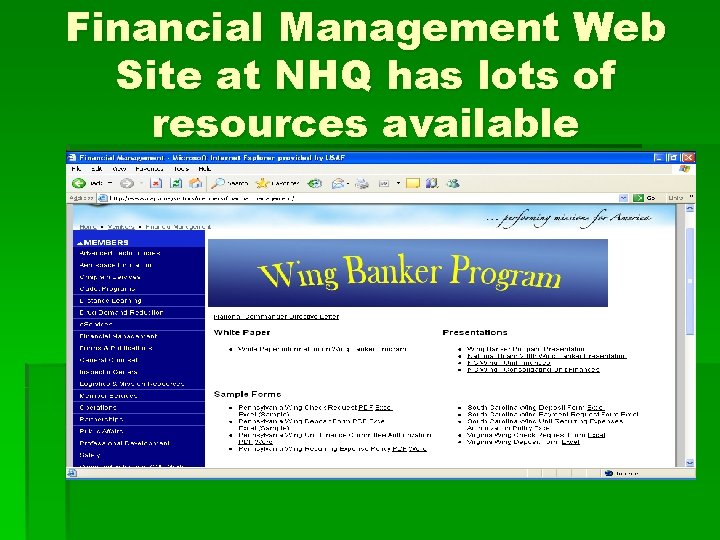Financial Management Web Site at NHQ has lots of resources available 