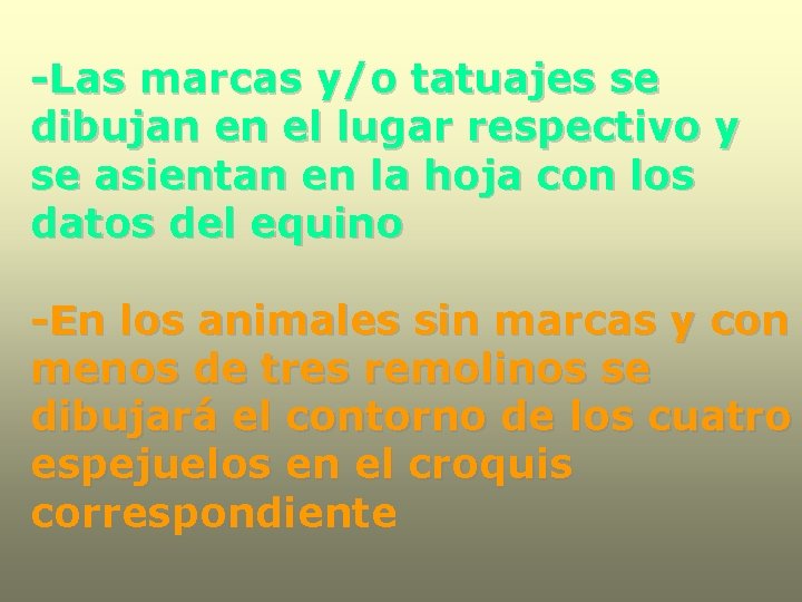 -Las marcas y/o tatuajes se dibujan en el lugar respectivo y se asientan en