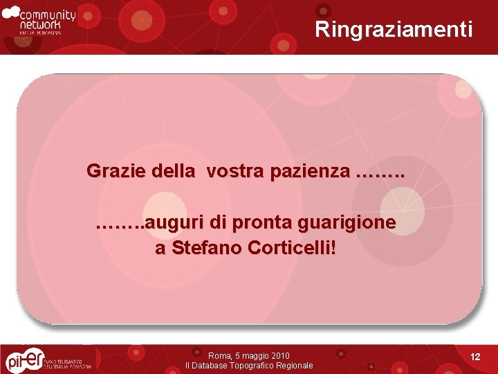 Ringraziamenti Grazie della vostra pazienza ……. . auguri di pronta guarigione a Stefano Corticelli!