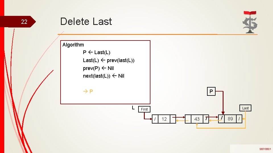 22 Delete Last Algorithm P Last(L) prev(last(L)) prev(P) Nil next(last(L)) Nil P P L