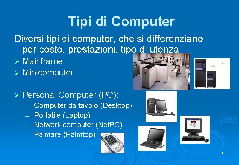 Tipi di Computer Diversi tipi di computer, che si differenziano per costo, prestazioni, tipo