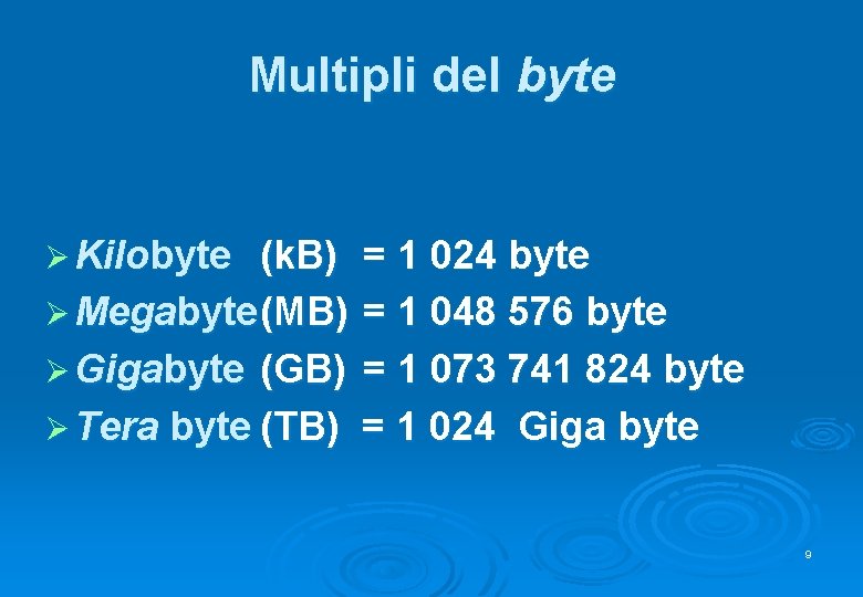 Multipli del byte Ø Kilobyte (k. B) = 1 024 byte Ø Megabyte (MB)