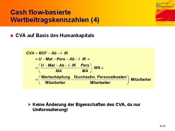 Cash flow-basierte Wertbeitragskennzahlen (4) n CVA auf Basis des Humankapitals Ø Keine Änderung der