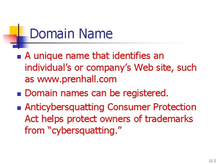 Domain Name n n n A unique name that identifies an individual’s or company’s