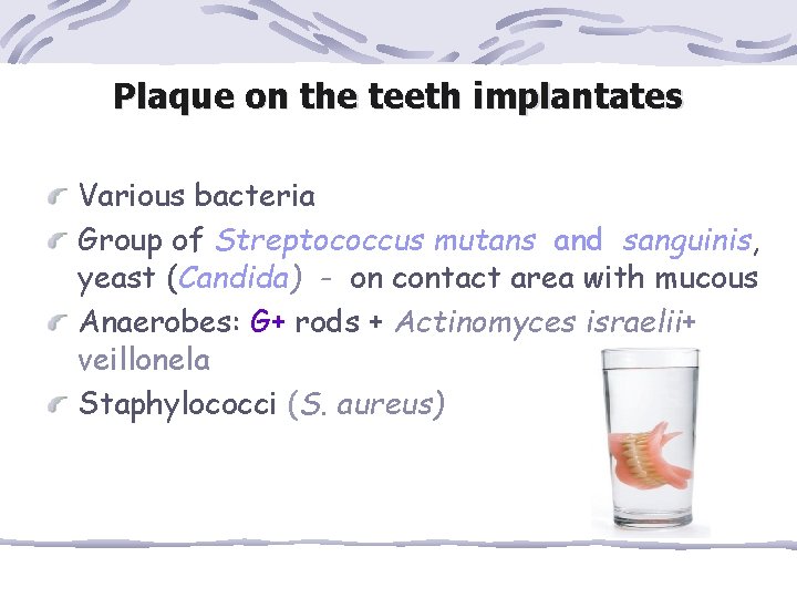 Plaque on the teeth implantates Various bacteria Group of Streptococcus mutans and sanguinis, yeast