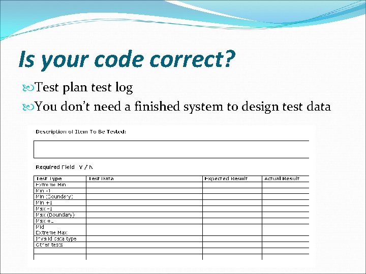 Is your code correct? Test plan test log You don’t need a finished system