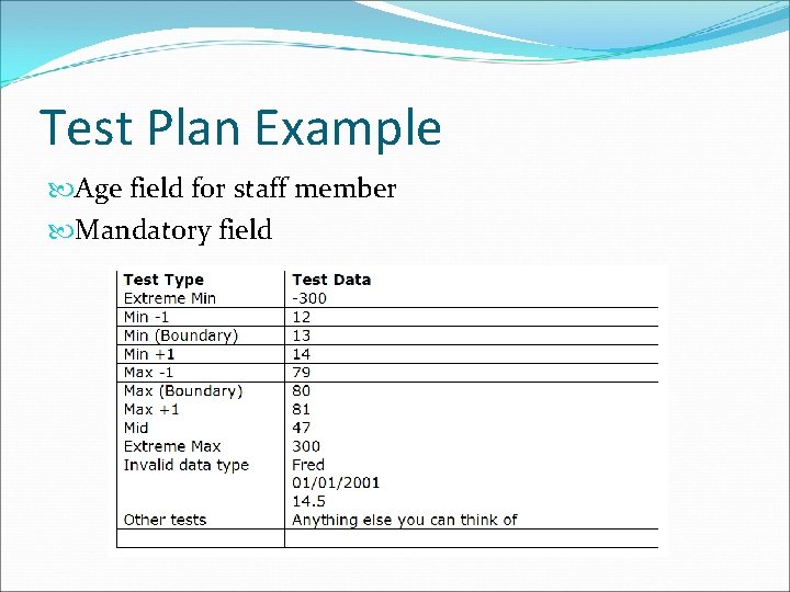 Test Plan Example Age field for staff member Mandatory field 