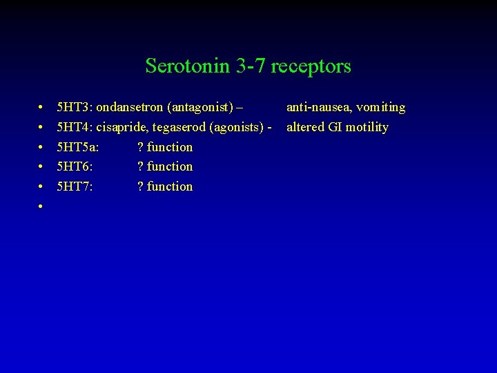 Serotonin 3 -7 receptors • • • 5 HT 3: ondansetron (antagonist) – 5