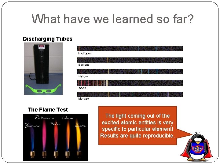 What have we learned so far? Discharging Tubes The Flame Test The light coming