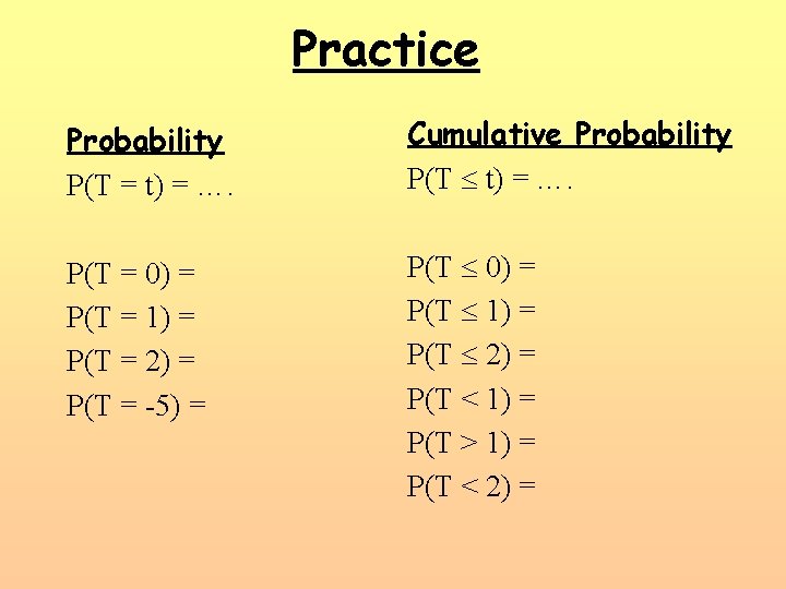 Practice Probability P(T = t) = …. Cumulative Probability P(T t) = …. P(T