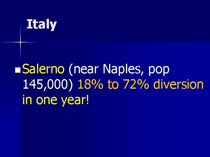 Italy n Salerno (near Naples, pop 145, 000) 18% to 72% diversion in one