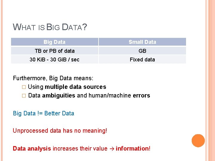 WHAT IS BIG DATA? Big Data Small Data TB or PB of data >TB,