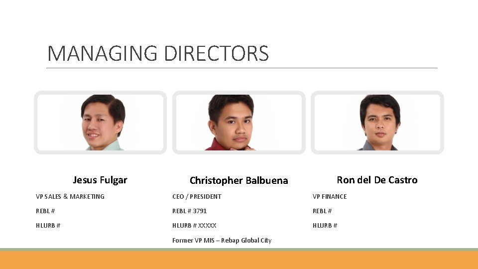 MANAGING DIRECTORS Jesus Fulgar Ron del De Castro Christopher Balbuena VP SALES & MARKETING