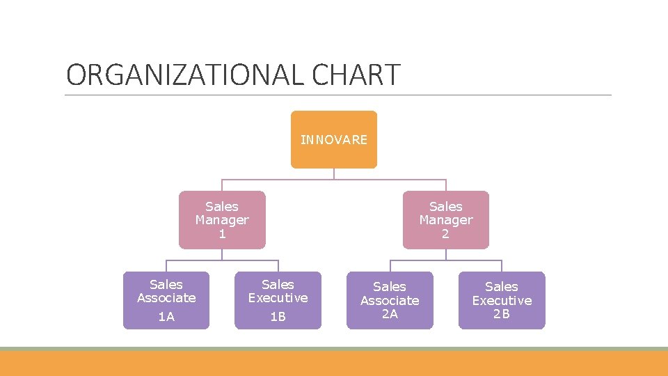 ORGANIZATIONAL CHART INNOVARE Sales Manager 1 Sales Associate 1 A Sales Executive 1 B