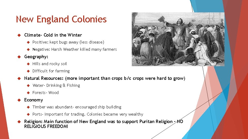 New England Colonies Climate- Cold in the Winter Positive: kept bugs away (less disease)