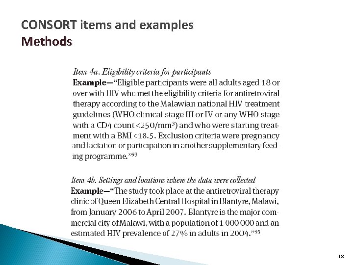 CONSORT items and examples Methods 18 
