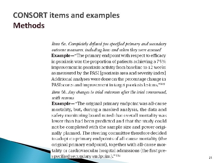 CONSORT items and examples Methods 21 