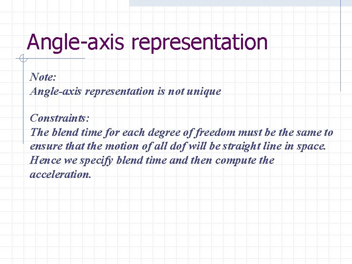 Angle-axis representation Note: Angle-axis representation is not unique Constraints: The blend time for each