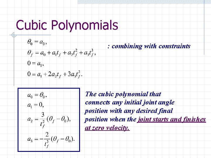 Cubic Polynomials : combining with constraints The cubic polynomial that connects any initial joint