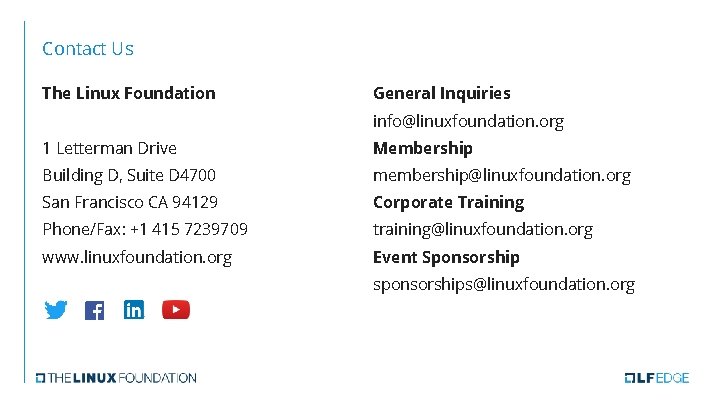 Contact Us The Linux Foundation General Inquiries info@linuxfoundation. org 1 Letterman Drive Membership Building