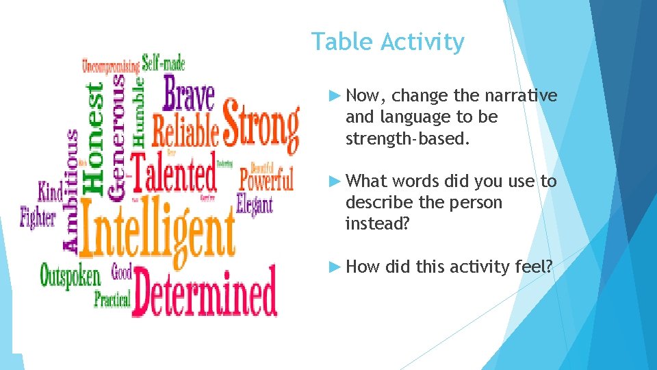Table Activity ► Now, change the narrative and language to be strength-based. ► What
