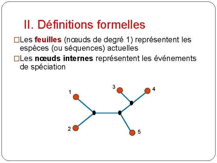 II. Définitions formelles �Les feuilles (nœuds de degré 1) représentent les espèces (ou séquences)