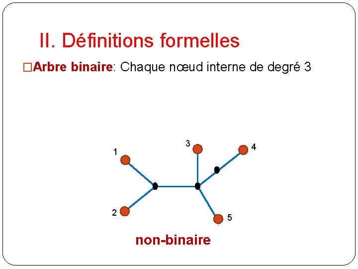 II. Définitions formelles �Arbre binaire: Chaque nœud interne de degré 3 1 3 2