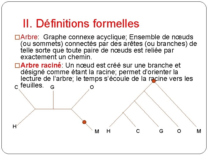 II. Définitions formelles � Arbre: Graphe connexe acyclique; Ensemble de nœuds (ou sommets) connectés