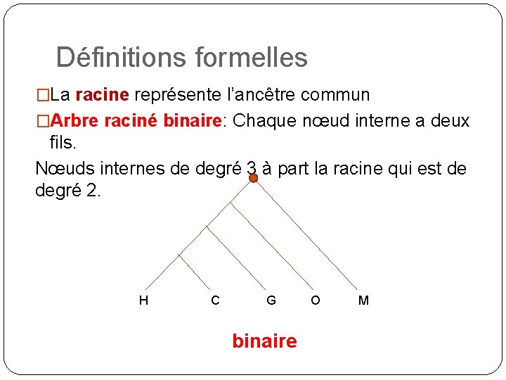 Définitions formelles �La racine représente l’ancêtre commun �Arbre raciné binaire: Chaque nœud interne a