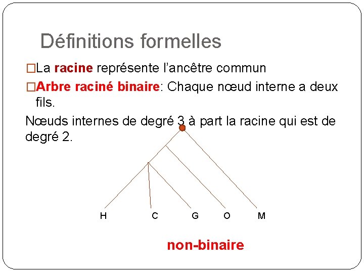 Définitions formelles �La racine représente l’ancêtre commun �Arbre raciné binaire: Chaque nœud interne a