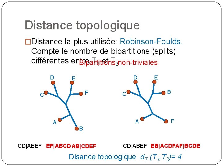 Distance topologique �Distance la plus utilisée: Robinson-Foulds. Compte le nombre de bipartitions (splits) différentes