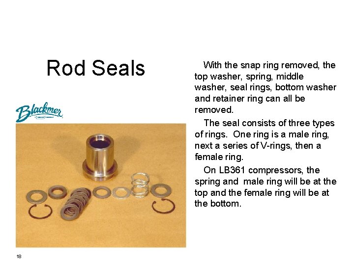 Rod Seals 18 With the snap ring removed, the top washer, spring, middle washer,