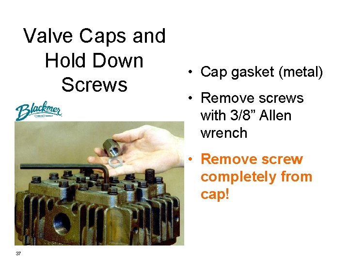 Valve Caps and Hold Down Screws • Cap gasket (metal) • Remove screws with