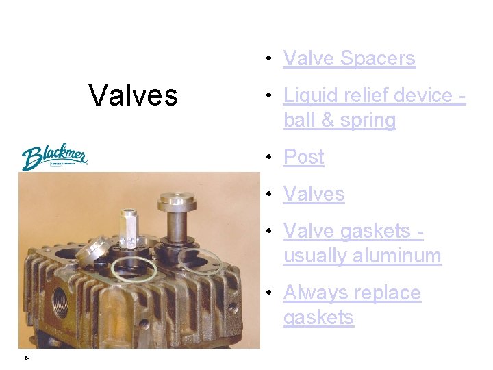  • Valve Spacers Valves • Liquid relief device ball & spring • Post