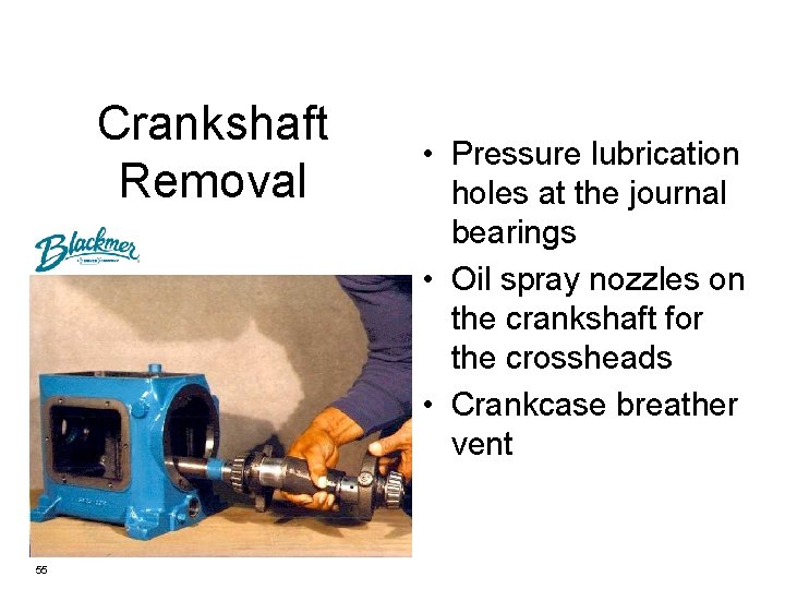 Crankshaft Removal 55 • Pressure lubrication holes at the journal bearings • Oil spray
