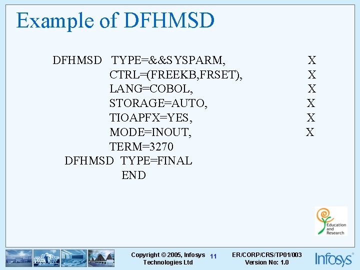 Example of DFHMSD TYPE=&&SYSPARM, CTRL=(FREEKB, FRSET), LANG=COBOL, STORAGE=AUTO, TIOAPFX=YES, MODE=INOUT, TERM=3270 DFHMSD TYPE=FINAL END
