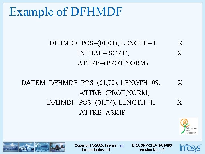 Example of DFHMDF POS=(01, 01), LENGTH=4, INITIAL=‘SCR 1’, ATTRB=(PROT, NORM) DATEM DFHMDF POS=(01, 70),