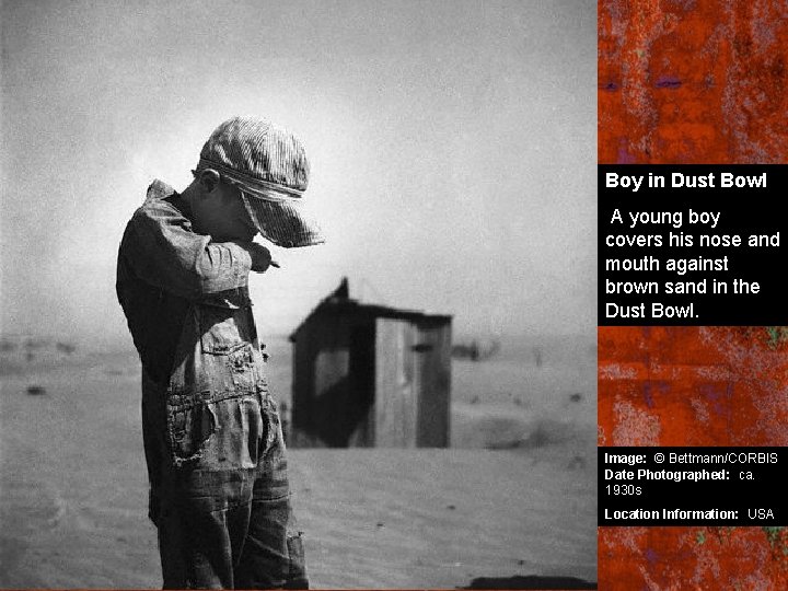 Boy in Dust Bowl A young boy covers his nose and mouth against brown