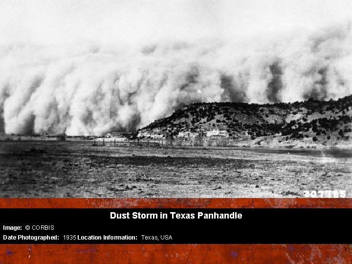 Dust Storm in Texas Panhandle Image: © CORBIS Date Photographed: 1935 Location Information: Texas,