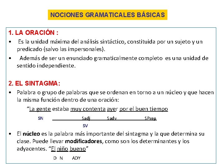 NOCIONES GRAMATICALES BÁSICAS 1. LA ORACIÓN : • Es la unidad máxima del análisis